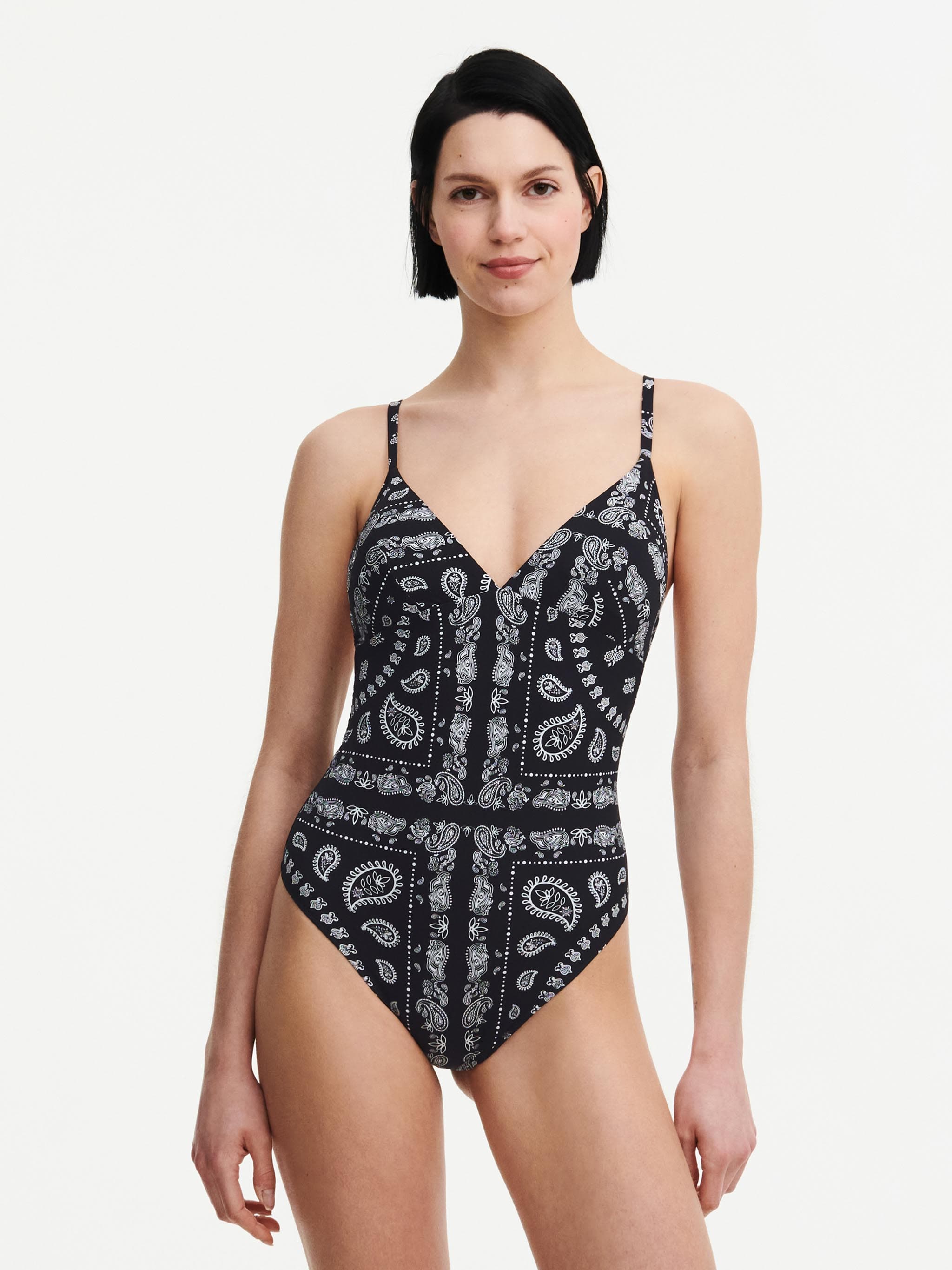 Voorgevormd plunge badpak zonder beugel met uitneembare cups - Black Bandana